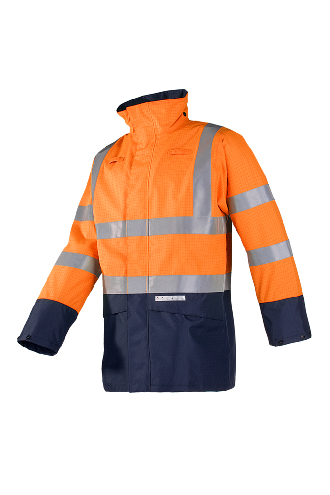 Sioen High Visibility Regenjas Vlamvertragend, Antistatisch, Waterdicht Elliston Fluorescerend Oranje/Marineblauw 7219N3EF7