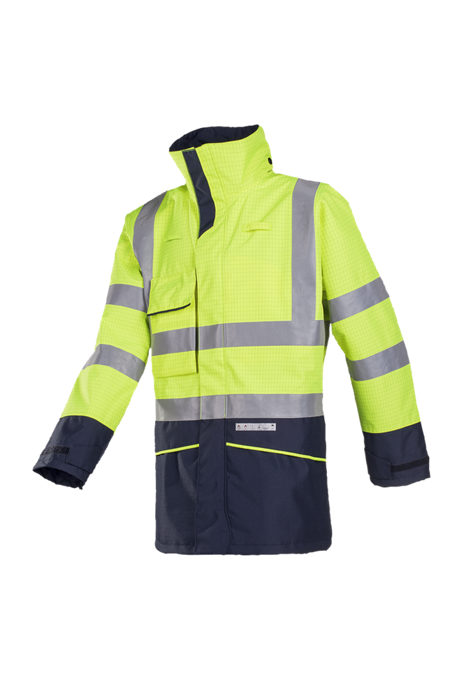 [3.75.72.231.02] Sioen - High Visibility Vlamvertragende Antistatische Waterdichte Winddichte Regenparka Hedland - Fluo Geel/Marine - 7223N3EF7 (XS)