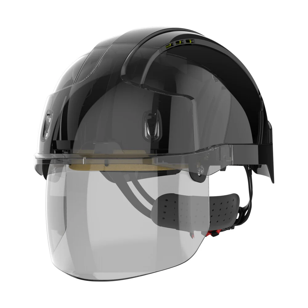 JSP - Veiligheidshelm met Geïntegreerd Gelaatsscherm - EN 397, EN 50365, EN 166, EN 170, Optische Klasse 1, A-geclassificeerde Impact - EVO® VISTAshield® - Zwart/Rook - AMD170-006-J00