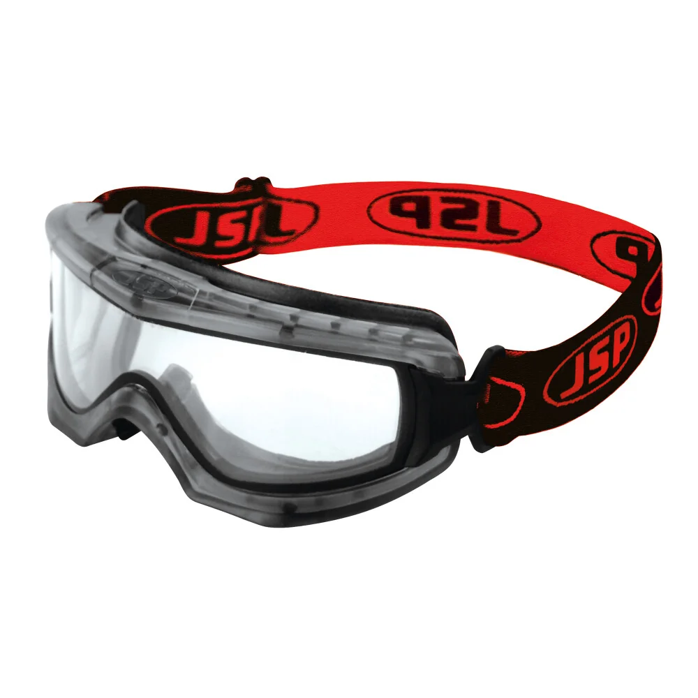 [7.31.25.129.00] JSP - Gas Veiligheidsbril - Niet Geventileerd, Anti-condens Lens - EVO® - Heldere Lens, Zwart/Rode Band - AGM030-623-000