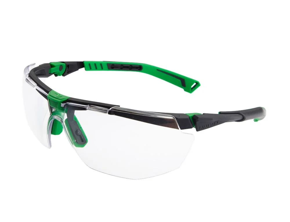 Univet - Veiligheidsbril - Krasbestendig, Anti-condens, UV400, EN166, EN170 - 5X1 - Donkergrijs/Groen Frame, Heldere Lens - 5X1.03.00.00