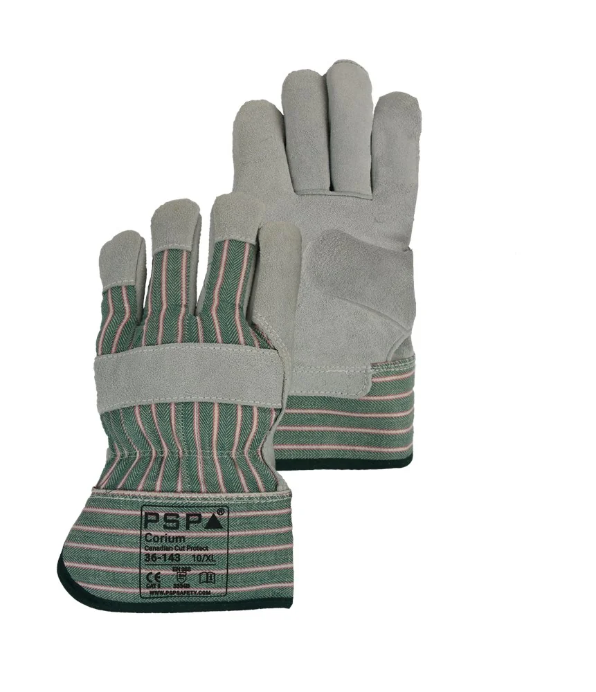[2.03.36.143.10] PSP - Werkhandschoenen - Snijweerstand Niveau B - Corium Canadian Cut3 - Groen, Rood/Wit/Rode Strepen - 36-143