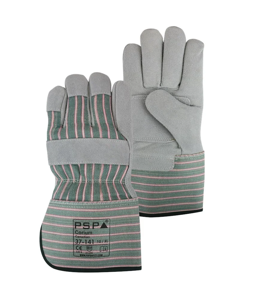 [2.03.37.141.10] PSP - Split Lederen Werkhandschoenen - Snijweerstand Niveau 2 Handpalm, EN388 4143X - Corium Canadian - Groen/Rood/Wit/Rood - 37-141