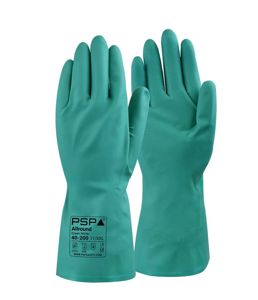 PSP - Chemisch Bestendige, Voedselveilige Nitril Handschoenen - EN388 3101X, EN ISO 374 Type B, EN ISO 374-5 - 40-200 - Groen